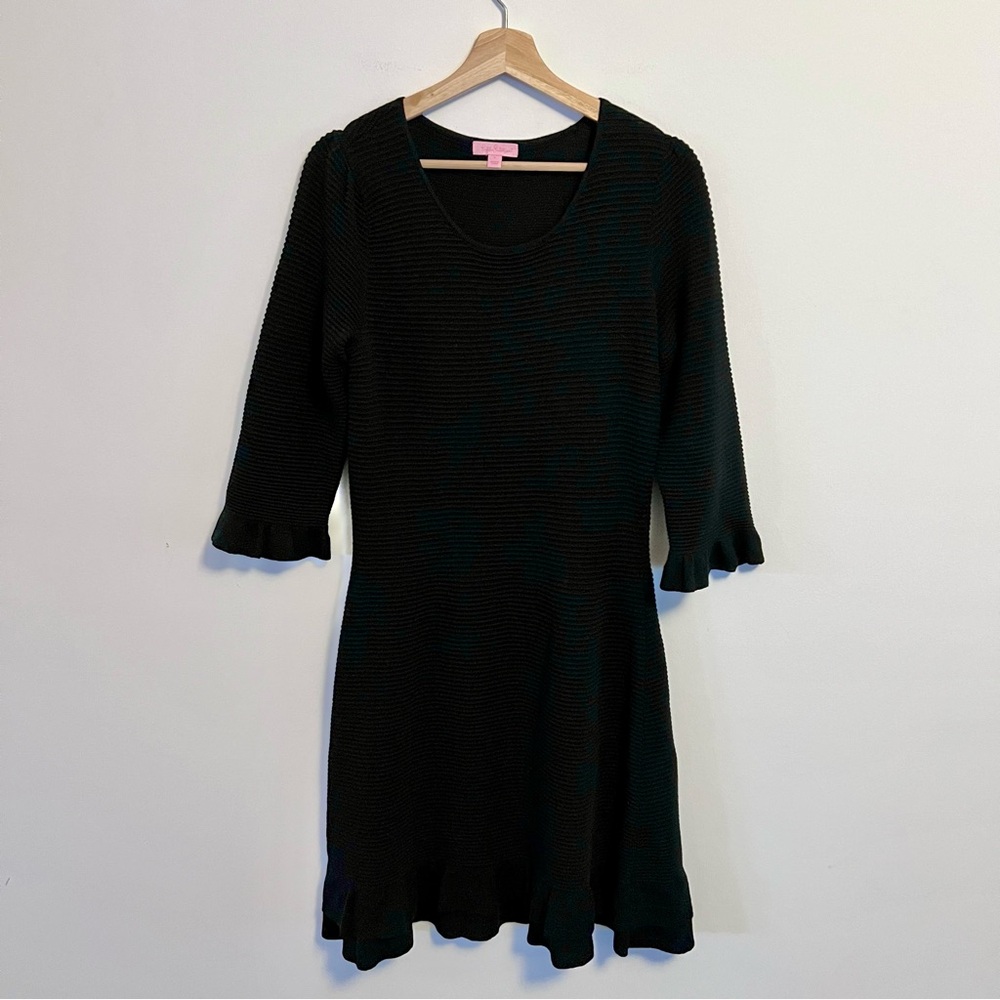 Lilly Pulitzer Dress 100% Merino Wool Black Ribbed Sweater Dress Ruffles Large
